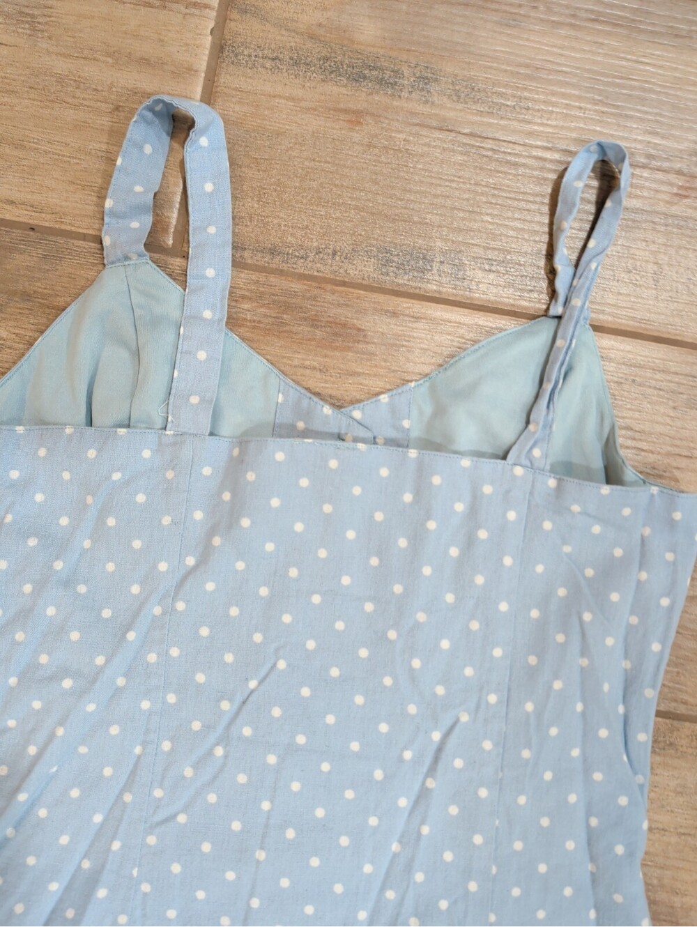 Japna Cotton Linen Dress Small S Blue Polka Dot Button Front Cami Sundress - Picture 14 of 15